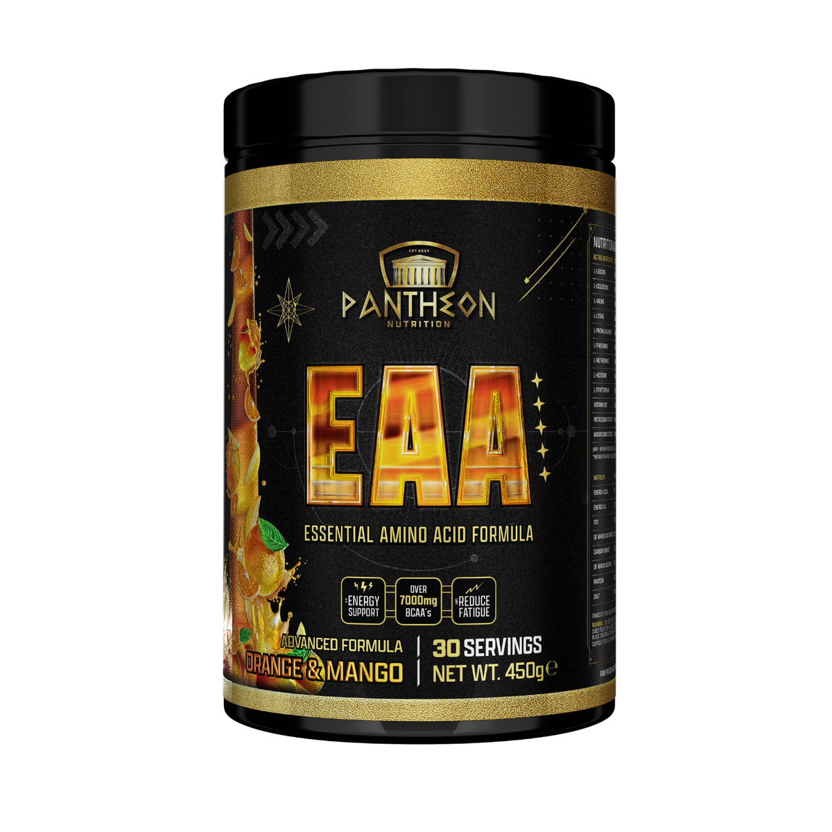 Pantheon EAA essential amino acid powder tub, Orange & Mango flavour