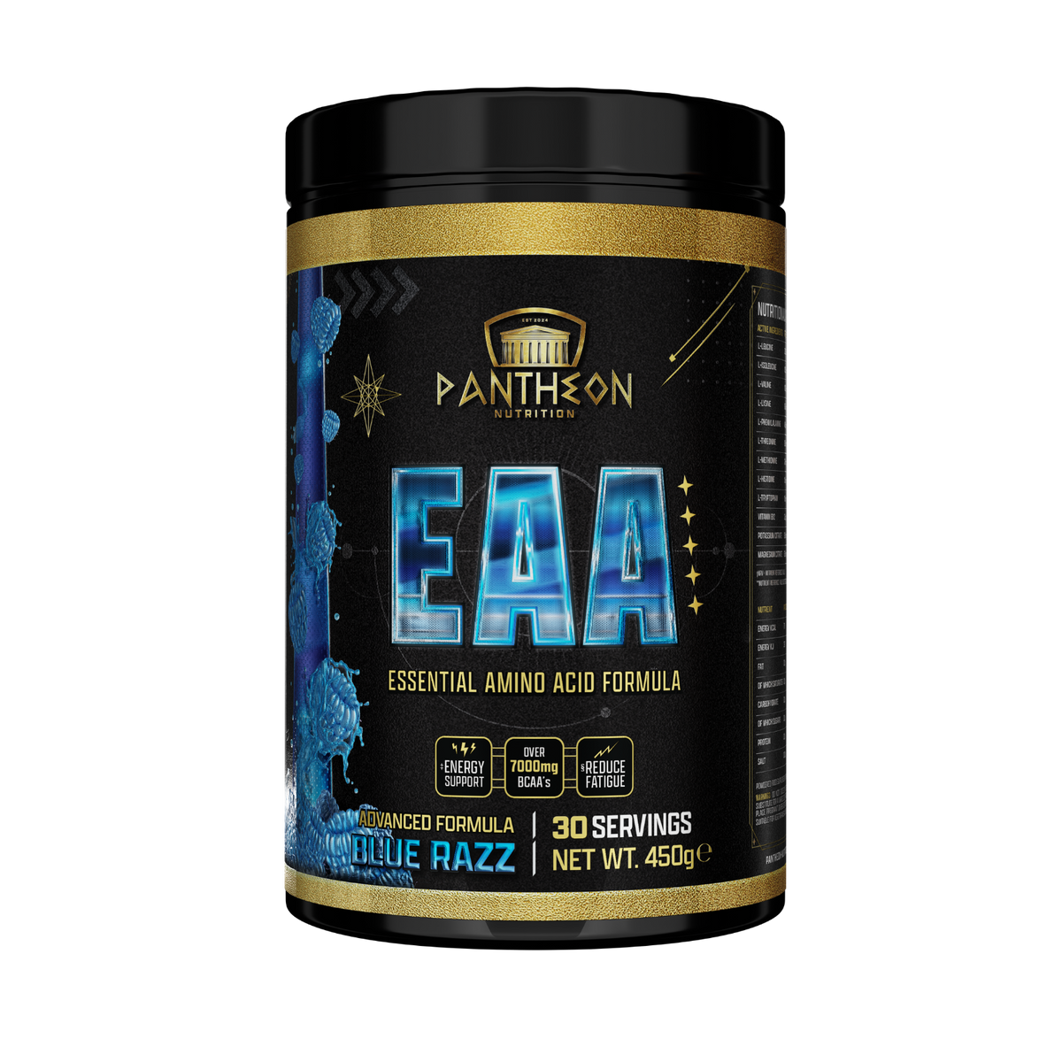 Pantheon EAA essential amino acid powder tub, Blue Razz flavour
