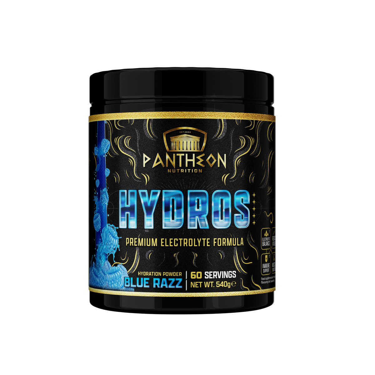 Pantheon Hydros electrolyte powder tub, Blue Razz flavour