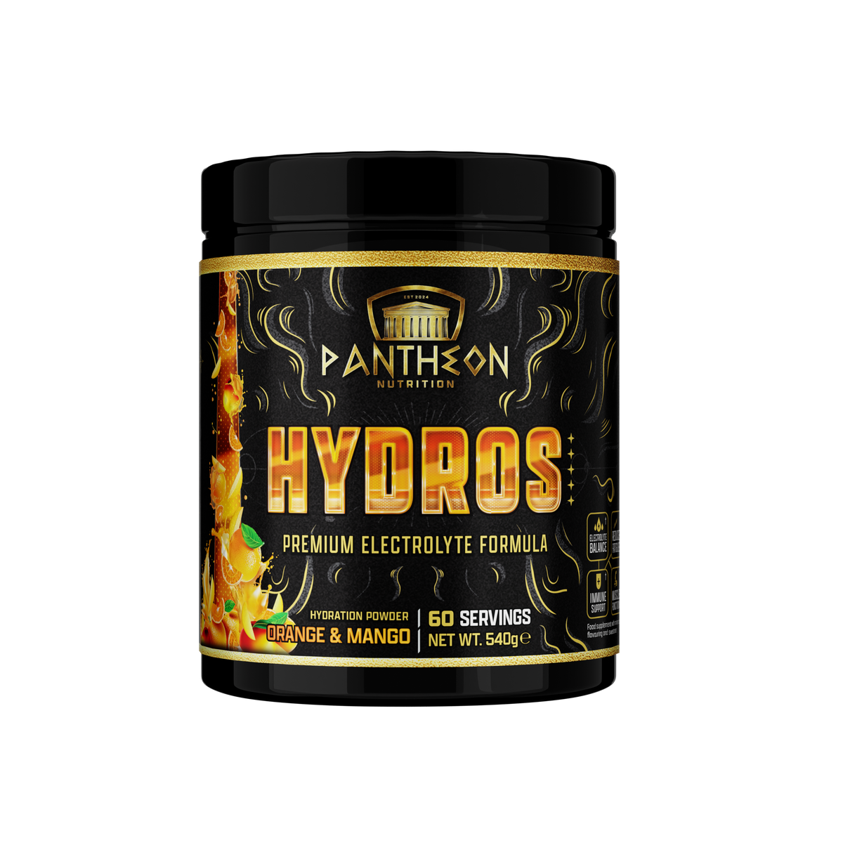 Pantheon Hydros electrolyte powder tub, Orange & Mango flavour