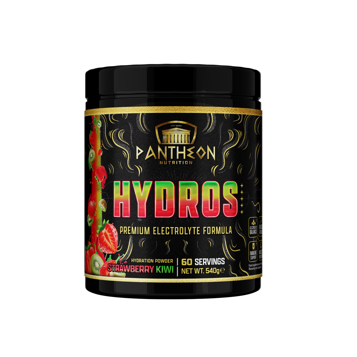 Pantheon Hydros electrolyte powder tub, Strawberry Kiwi flavour