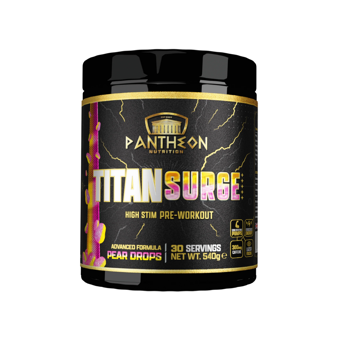 Pantheon Titan Surge high-stim pre-workout tub, Pear Drops flavour